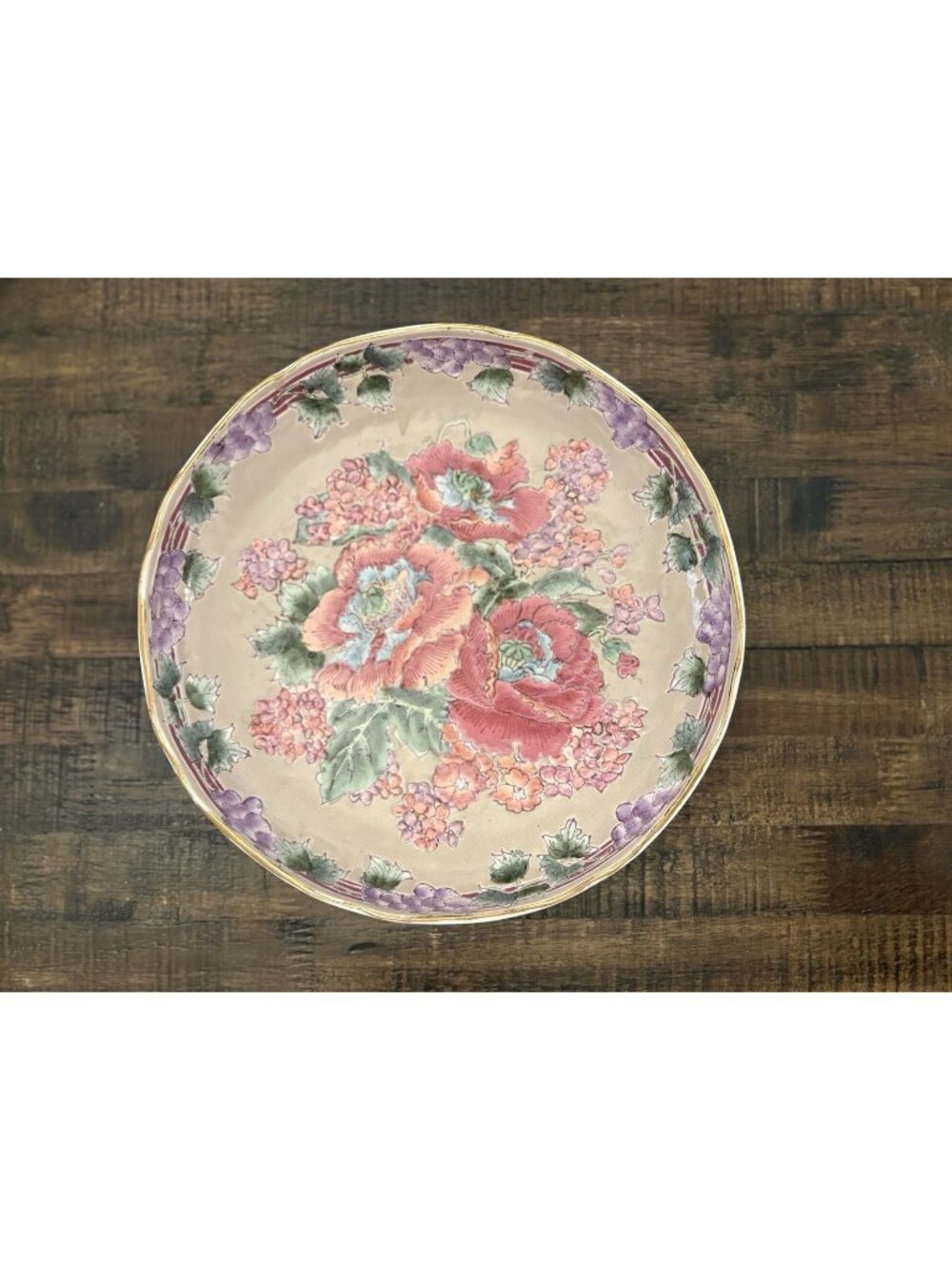 Vintage Macau Raised Relief Floral Decorative Bowl Pink Peony Embossed 10"